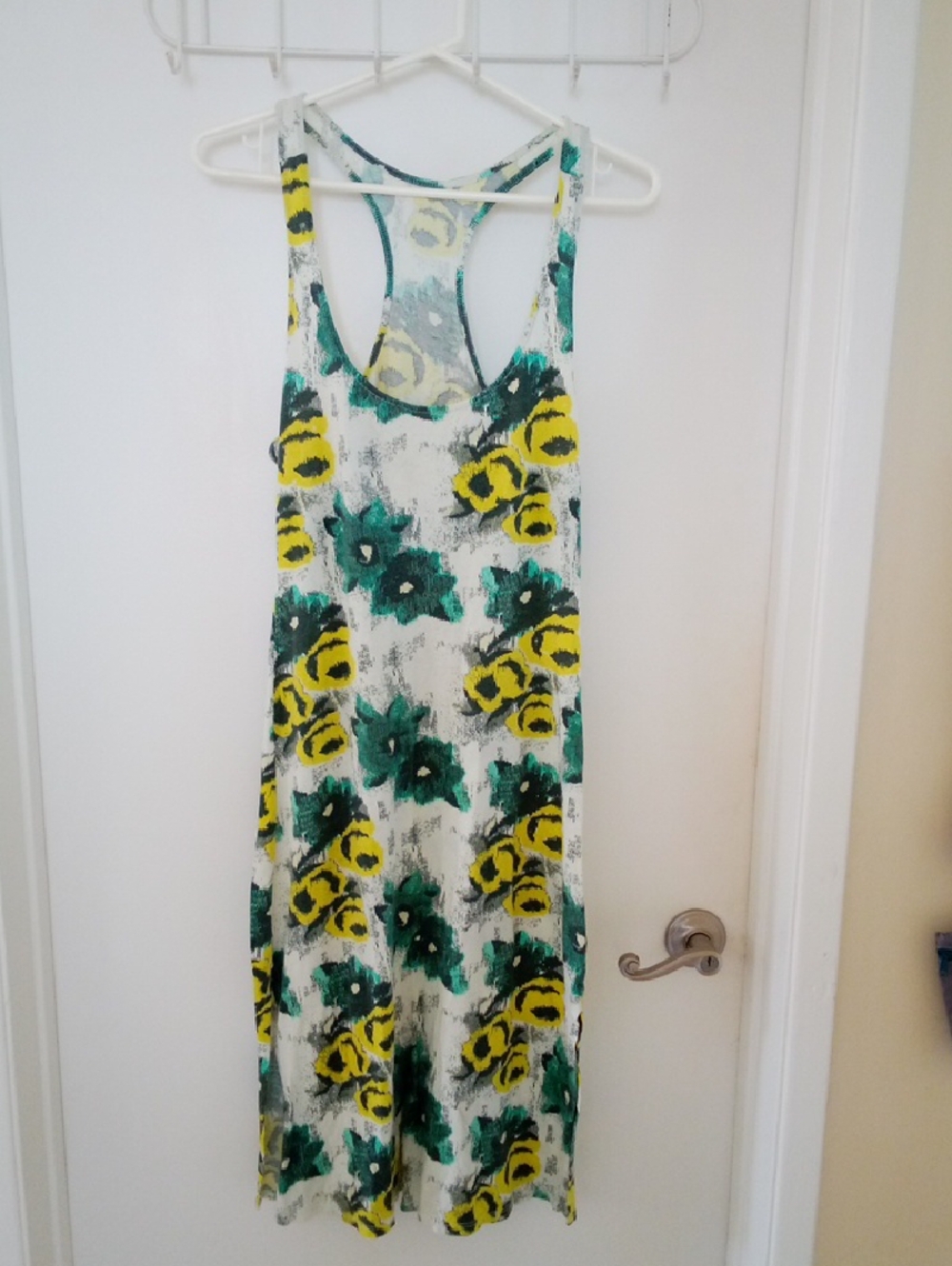 100% Organic White Racerback Dress with Yellow,Green and Black Floral Print